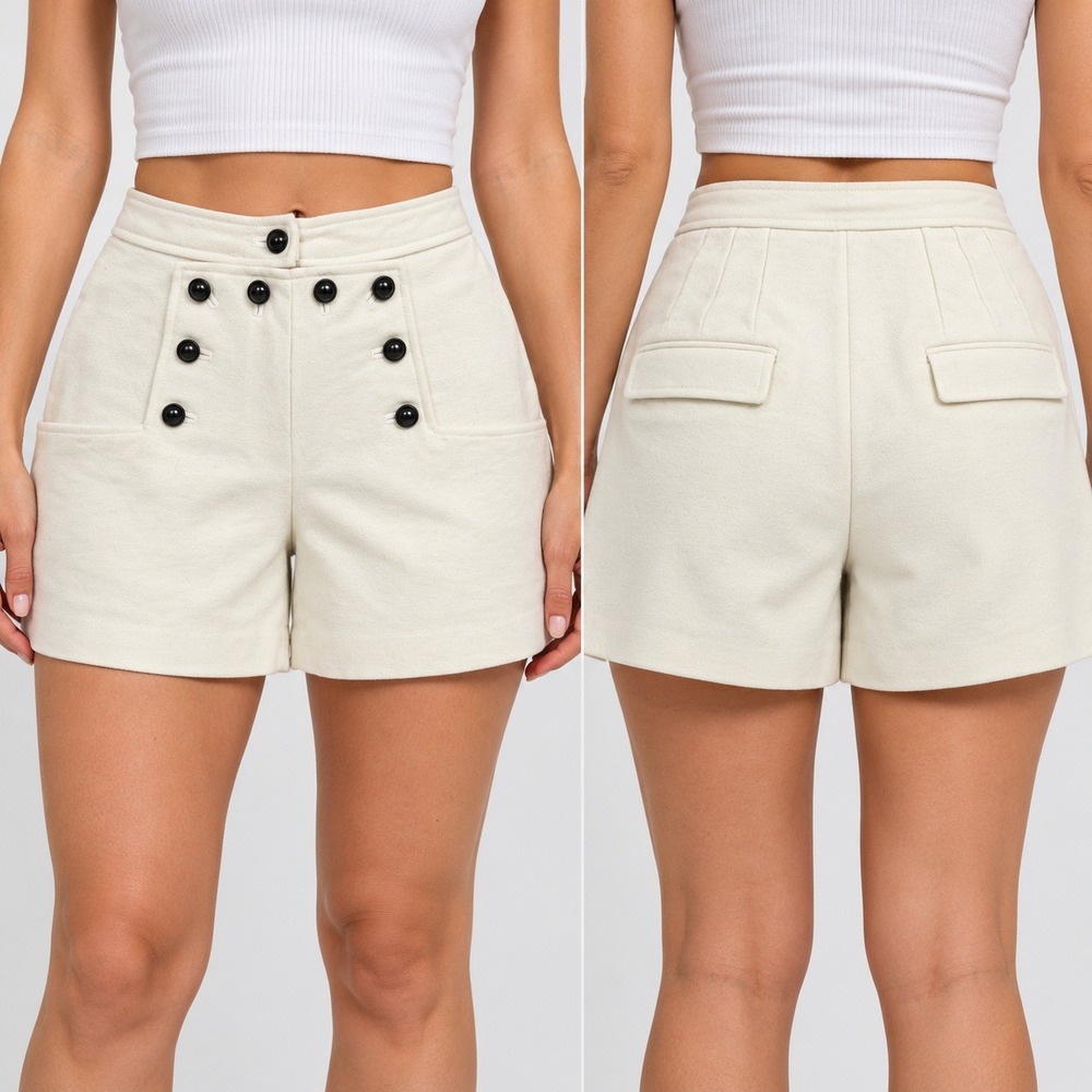 Vintage Sailor High Waisted Short Cream Off White Black Button Nautical Wide Leg